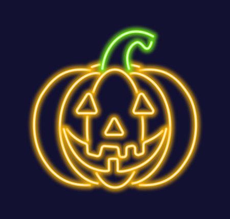 Glowing neon pumpkin for Halloween, radiating a vibrant yellow hue. This eye catching design element adds a festive and spooky touch to Halloween decorations, greeting cards, social media posts.のイラスト素材