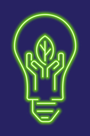 Green glowing neon line light bulb with leaf of a plant. Environmental protection concept icon. Green energy, renewable energy concept. Ecology themed concept illustration.のイラスト素材