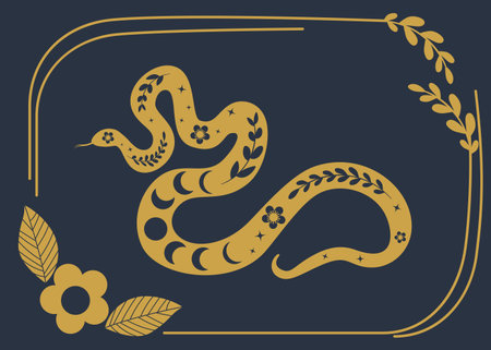 Boho golden frame with decorative floral snake in retro style. Abstract serpent silhouette with...
