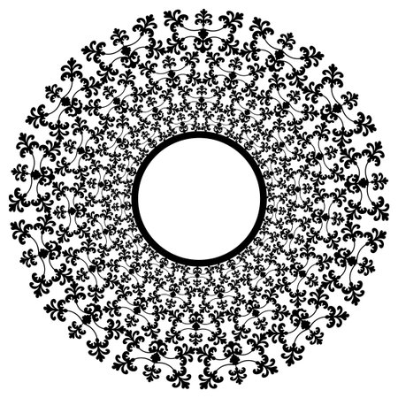 Vintage decorative lace doily. Round napkin, ornate round lace floral pattern. Decorative lace round frame illustration. Ornate lace round, floral circle for wedding decoration.のイラスト素材