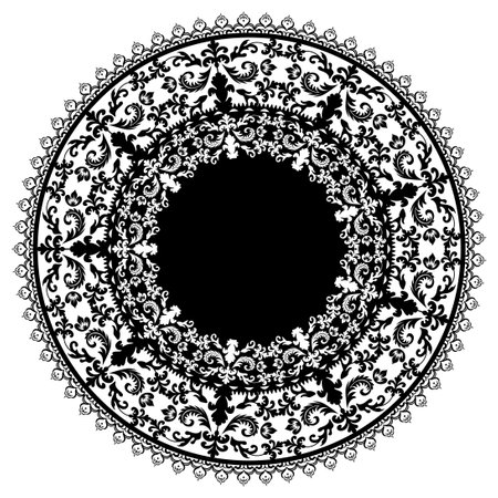 Vintage decorative lace doily. Round napkin, ornate round lace floral pattern. Decorative lace round frame illustration. Ornate lace round, floral circle for wedding decoration.のイラスト素材