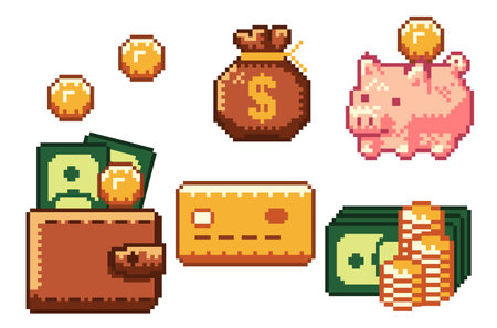 Pixel art cash money icons set for business and finance. Retro game icons design pixel pig, pixel wallet, pixel golden coins, pixel money.のイラスト素材