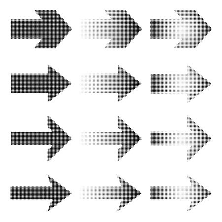 Abstract illustration of arrows created from dots, retro halftone pattern effect. Graphic element for web design, digital art, or any visual content needing a stylish and eye-catching arrow symbol.のイラスト素材
