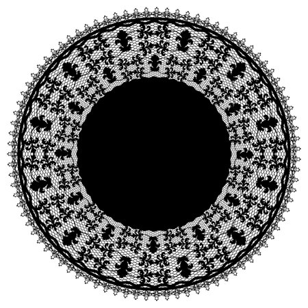 Vintage decorative lace doily. Round napkin, ornate round lace floral pattern. Decorative lace round frame illustration. Ornate lace round, floral circle for wedding decoration.のイラスト素材