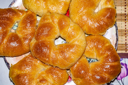 Close-up food photography of baked yeast dough buns in a round shape.の写真素材