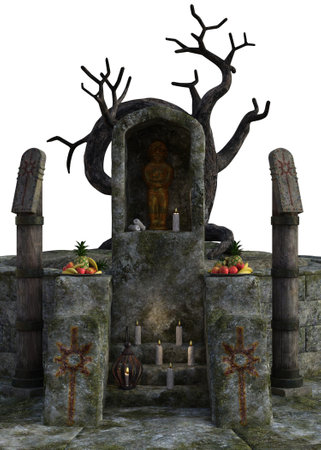 3D spooky Halloween scene with crooked tree on the ancient stone pedestal. 3D Illustration for Halloween-themed designs, posters, or digital artwork that aims to evoke a sense of mystery and magic.の写真素材