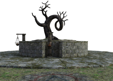 3D spooky Halloween scene with crooked tree on the ancient stone pedestal. 3D Illustration for Halloween-themed designs, posters, or digital artwork that aims to evoke a sense of mystery and magic.の写真素材
