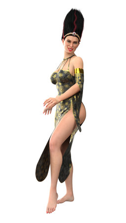 3D eerie witch woman in black leather gown with golden spider web pattern. 3D Illustration for Halloween-themed designs, posters, or digital artwork that aims to evoke a sense of mystery and magic.の写真素材