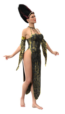 3D eerie witch woman in black leather gown with golden spider web pattern. 3D Illustration for Halloween-themed designs, posters, or digital artwork that aims to evoke a sense of mystery and magic.の写真素材