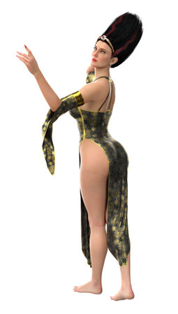 3D eerie witch woman in black leather gown with golden spider web pattern. 3D Illustration for Halloween-themed designs, posters, or digital artwork that aims to evoke a sense of mystery and magic.の写真素材