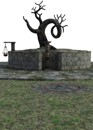 3D spooky Halloween scene with crooked tree on the ancient stone pedestal. 3D Illustration for Halloween-themed designs, posters, or digital artwork that aims to evoke a sense of mystery and magic.の写真素材