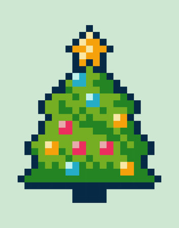 8 bit retro style decorated fir tree festive pixel icon perfect for your Christmas themed projects. Holiday designs, greeting cards, or digital illustrations that evoke the joy and magic of Christmas.のイラスト素材