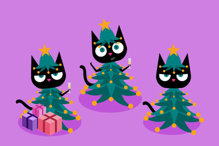 Funny three black cats dressed in Christmas tree costume, bringing a whimsical and festive vibe to holiday themed designs. Perfect for adding joy and humor to Christmas visuals with a playful twist.のイラスト素材