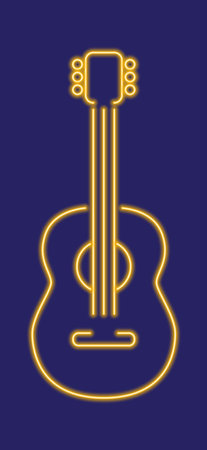 Illustration for music themed designs, posters, and digital artwork, yellow glowing neon guitar illuminates with a lively and energetic glow, enhancing the visual appeal with a touch of neon brilliance.のイラスト素材