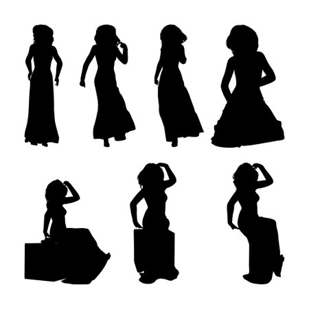 Abstract elegant silhouette of a woman wearing a long gown, exuding sophistication and charm. Ideal for fashion and artistic designs. Slim young woman in long dress posing, black silhouette.のイラスト素材
