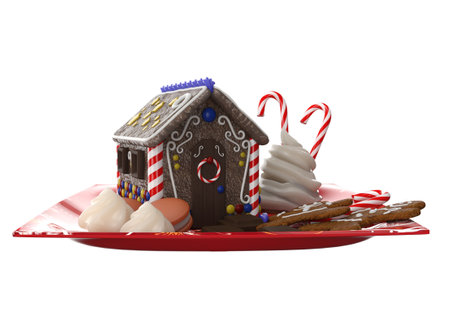 3D rendering of gingerbread Christmas house with candy canes, perfect for holiday-themed designs. The detailed and colorful holiday treats, ideal for festive and creative projects, 3D Illustrationの写真素材
