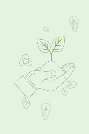 Vector illustration of a hand holding a seedling with soil, ecology themed banner design. Symbolizing environmental care and sustainability, promoting green practices and nature conservation.のイラスト素材