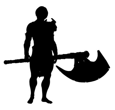 Detailed silhouette of a primitive male warrior wielding a massive ax. Perfect for fantasy designs, battle scenes, and character representations, capturing the warrior's courage and power.のイラスト素材