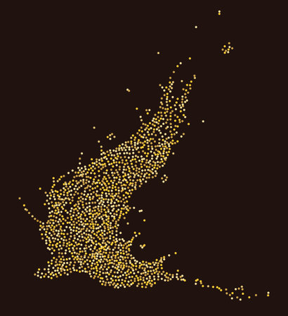 Abstract golden glitters, dotted particles flow, exuding glamor and enchantment. Ideal for luxury and holiday designs, the dynamic magic flow of particles, wavy scattered golden dots background.のイラスト素材