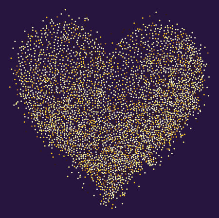 Creative composition of circular gold particles, heart shaped powder. Perfect for love-themed and romantic designs, the artistic arrangement conveys charm and elegance with heart-shaped elements.のイラスト素材