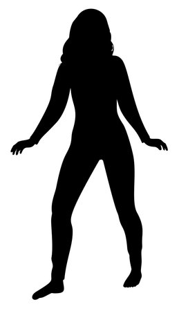 Minimalist silhouette of a woman wearing pajamas, portraying a sense of comfort and relaxation. Ideal for lifestyle designs. Simple posing female silhouette.のイラスト素材