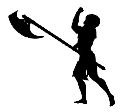 Detailed silhouette of a primitive male warrior wielding a massive ax. Perfect for fantasy designs, battle scenes, and character representations, capturing the warrior's courage and power.のイラスト素材