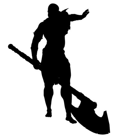 Detailed silhouette of a primitive male warrior wielding a massive ax. Perfect for fantasy designs, battle scenes, and character representations, capturing the warrior's courage and power.のイラスト素材