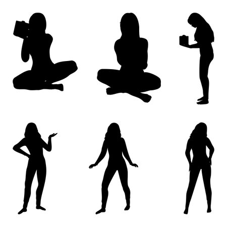 Minimalist silhouette of a woman wearing pajamas, portraying a sense of comfort and relaxation. Ideal for lifestyle designs. Simple posing female silhouette.のイラスト素材