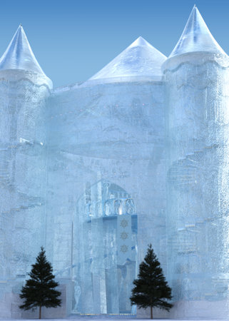 3D illustration of an ice palace, showcasing intricate ice architecture shimmering like a frozen wonderland. Perfect for fantasy and winter-themed designs, evoking a sense of wonder and magic.の写真素材