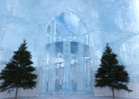 3D illustration of an ice palace, showcasing intricate ice architecture shimmering like a frozen wonderland. Perfect for fantasy and winter-themed designs, evoking a sense of wonder and magic.の写真素材