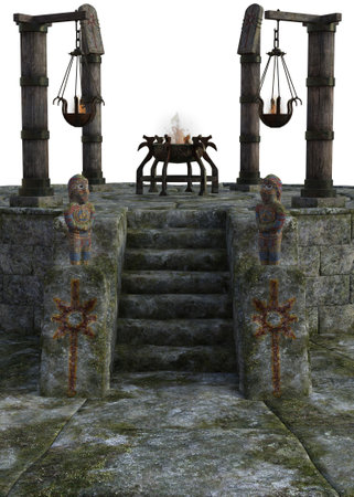 3D spooky Halloween scene with ancient stone pedestal, place for sacrifice. 3D Illustration for Halloween-themed designs, posters, or digital artwork that aims to evoke a sense of mystery and magic.の写真素材