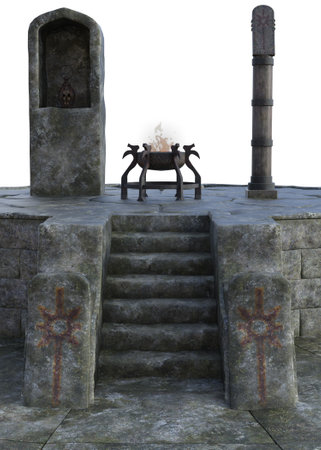 3D spooky Halloween scene with ancient stone pedestal, place for sacrifice. 3D Illustration for Halloween-themed designs, posters, or digital artwork that aims to evoke a sense of mystery and magic.の写真素材