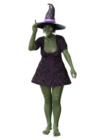 3D eerie Halloween witch with green skin dressed in a purple dress and hat. Ideal for Halloween-themed designs, posters, or digital artwork that aims to evoke a sense of mystery and magic.の写真素材