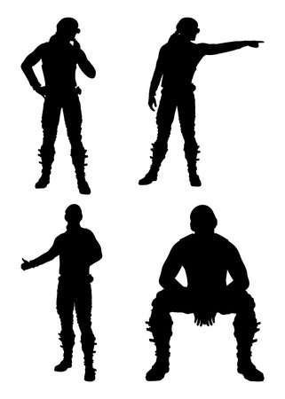 Illustration of the silhouette of a male mercenary. Perfect for action-themed designs, gaming graphics, or military storytelling, the mercenary silhouette exudes a sense of secrecy and expertise.のイラスト素材