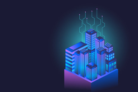 Abstract modern buildings in isometric view, creating a cityscape in perspective. Ideal for architectural designs, urban concepts or modern cityscapes, digital art. Blue and purple colored buildings.のイラスト素材