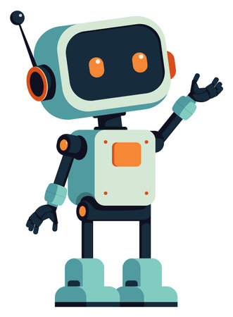 Vintage teal flat robot with orange eyes. Ideal for retro-futuristic and tech-themed designs, minimalist robot design in flat colors. Abstract mechanical toy illustration.のイラスト素材
