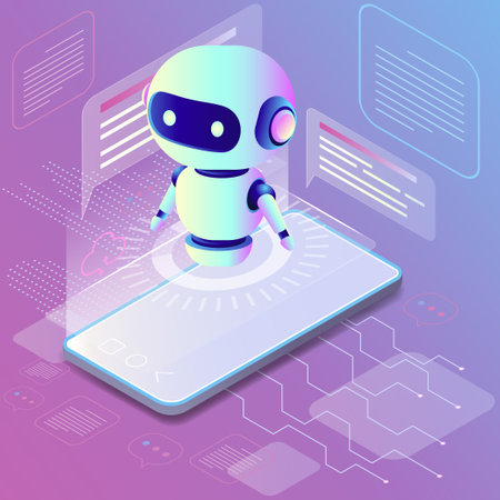 Isometric view of a smartphone and chatbot on purple technological background. Ideal for technology designs. Abstract digital device interface technology. 3D mobile phone and robot, isometric view.のイラスト素材