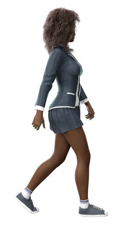 3D rendering of a dark skinned student girl in a college uniform, perfect for educational designs. Ideal for school projects, academic illustrations, and e-learning concepts. 3D illustrationの写真素材
