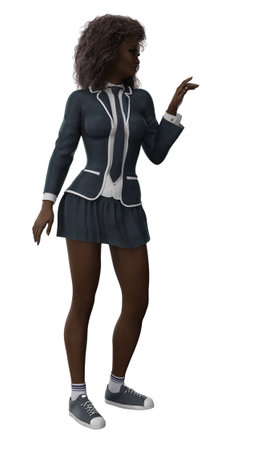 3D rendering of a dark skinned student girl in a college uniform, perfect for educational designs. Ideal for school projects, academic illustrations, and e-learning concepts. 3D illustrationの写真素材