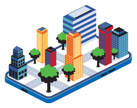 Modern isometric cityscape illustration in a mobile app interface. Modern flat design, isometric illustration of mobile navigation. Abstract city isometric plan with road and buildings on smart phone.のイラスト素材