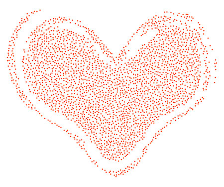 Abstract heart created using red stipple dots. Perfect for creative designs, art print, Valentine`s Day, wedding, invitation. Dots adds texture and depth to the heart shape. Dotted grungy heart shape.のイラスト素材