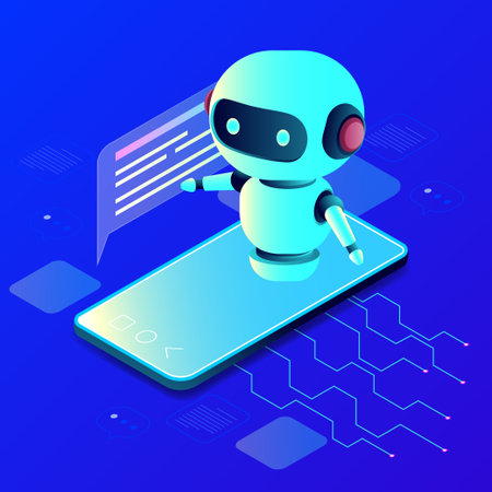 Isometric view of a smartphone and chatbot on blue technological background. Ideal for technology designs. Abstract digital device interface technology. 3D mobile phone and robot, isometric view.のイラスト素材