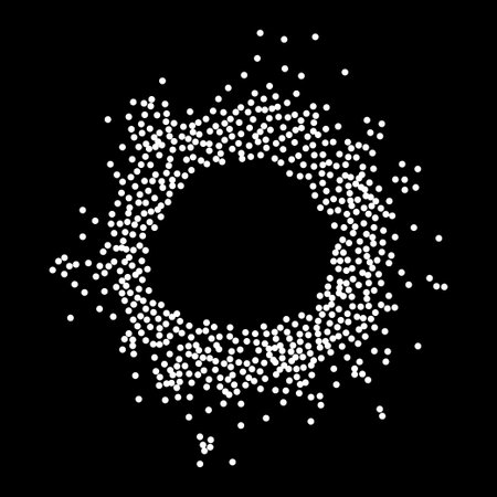 Abstract circular frame made of white stipple dots texture. Ideal for graphic design and artistic concepts. Round snow frame with empty center. Abstract frame made of spots or dots background.のイラスト素材