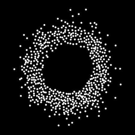 Abstract circular frame made of white stipple dots texture. Ideal for graphic design and artistic concepts. Round snow frame with empty center. Abstract frame made of spots or dots background.のイラスト素材