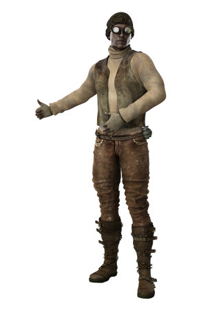 3D illustration of a post apocalyptic survivor in dirty outfit. Ideal for dystopian and sci-fi designs, capturing the essence of survival and endurance in a challenging post-apocalyptic setting.の写真素材