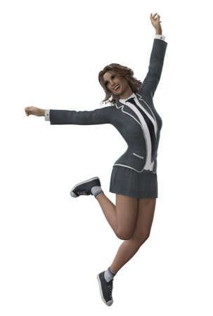 3D rendering of a student girl in a college uniform, perfect for educational designs. Ideal for school projects, academic illustrations, and e-learning concepts. 3D illustrationの写真素材