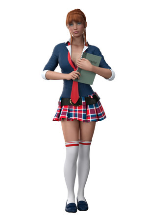 Abstract 3D illustration of a young smiling schoolgirl in uniform. Teenager girl in school or college uniform on isolated background. Ideal for school themed visuals.の写真素材