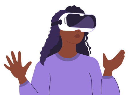 Illustration of a dark skinned woman immersed in virtual reality, showcasing innovation and futuristic technology. Woman in VR glasses, meta universe of entertainment concept. Flat style designのイラスト素材