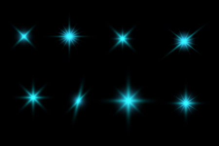 Illustration of blue sparkling stars on a black background. For cosmic, magical, or festive designs, posters, invitations, or digital art. Sparkling stars, flickering and flashing lights effect.のイラスト素材