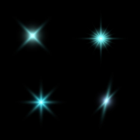 Illustration of blue sparkling stars on a black background. For cosmic, magical, or festive designs, posters, invitations, or digital art. Sparkling stars, flickering and flashing lights effect.のイラスト素材